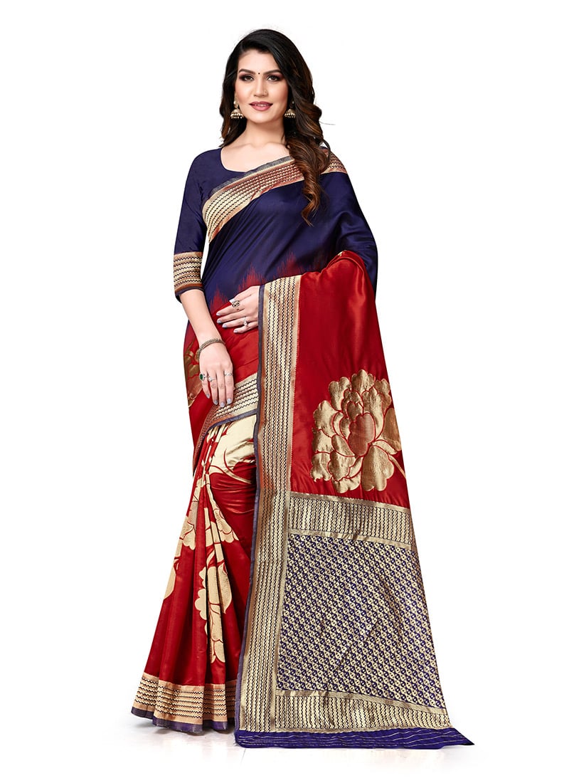 Woven Work Navy Blue N Red Color Banarasi Silk Saree Festive Wear