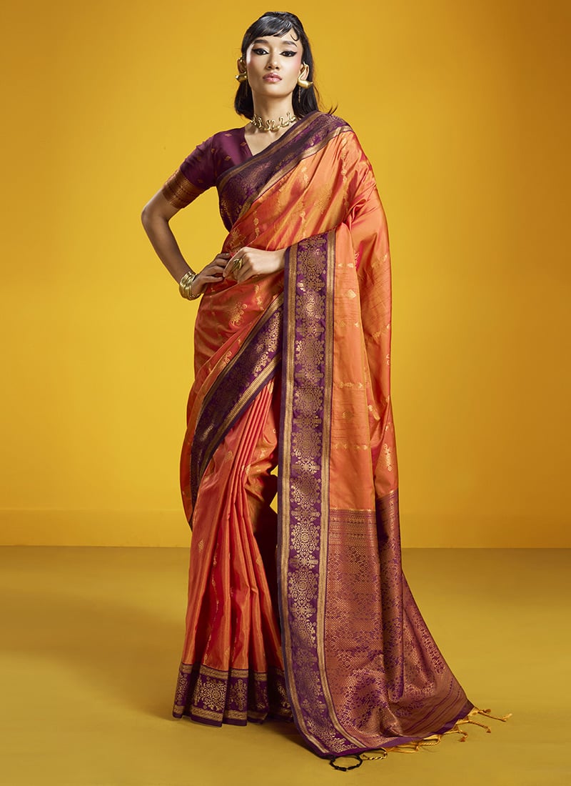 xGraceful Orange Art Silk Handloom Zari Weaving Saree Festive Wear