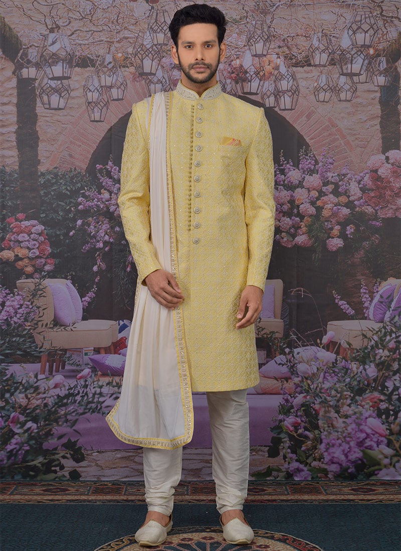 Yellow Art Silk Banarasi Indowestern Sherwani Party Wear