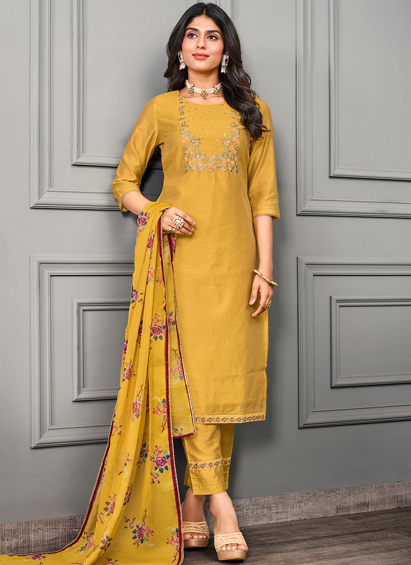 Yellow Art Silk Cotton Embroidered Straight Pant Suit After Six Wear