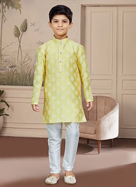 Yellow Art Silk Embroidered Kurta Pyjama for Boys