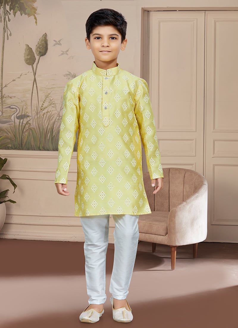 Yellow Art Silk Embroidered Kurta Pyjama for Boys Festive Wear