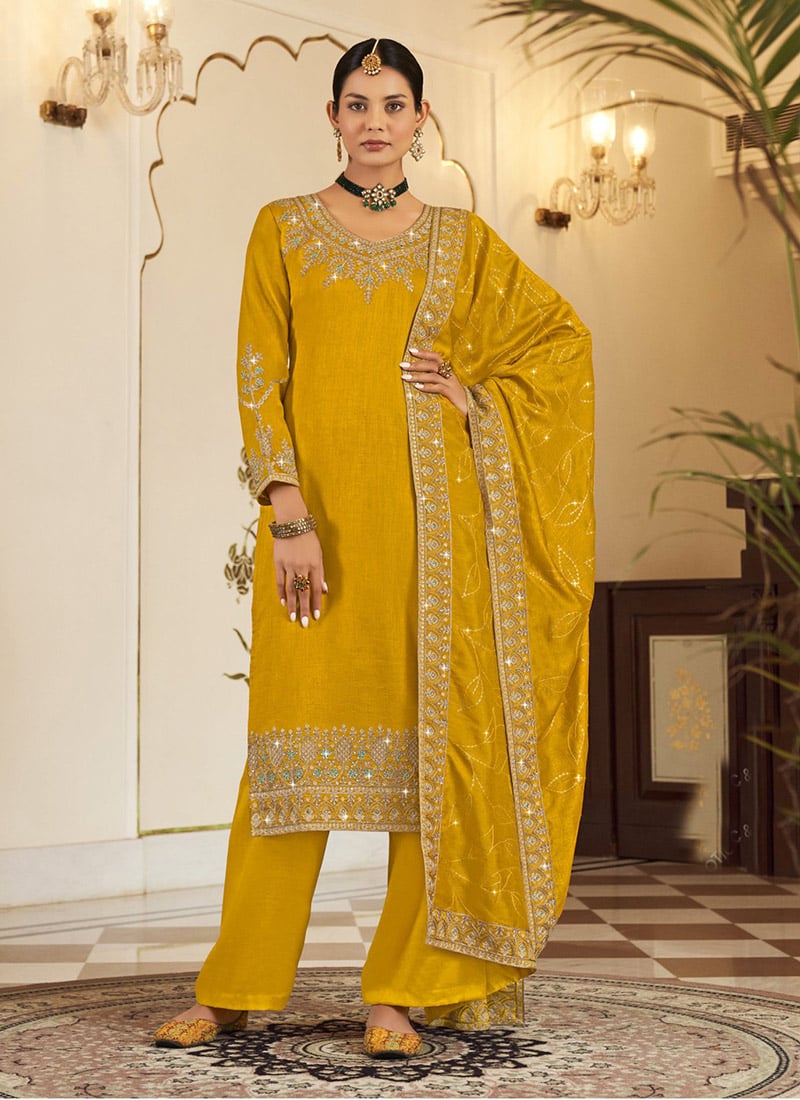 Yellow Art Silk Embroidered Straight Pant Suit Party Wear