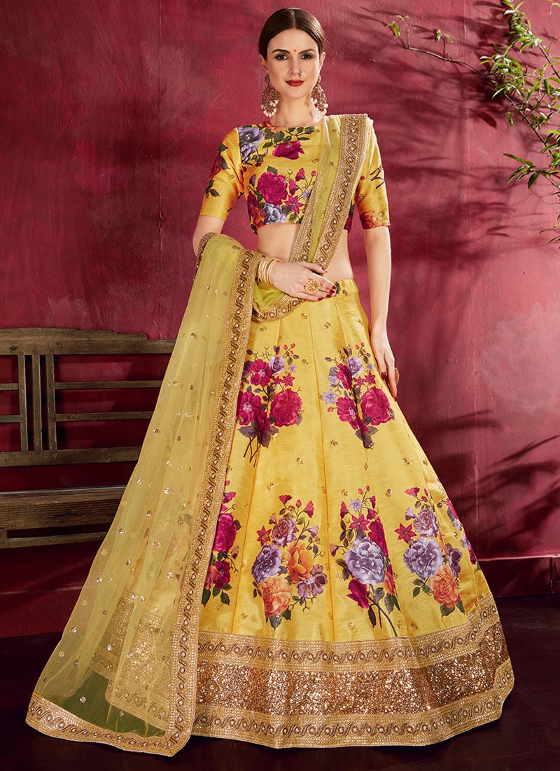 Yellow Art Silk Embroidered Work Umbrella Lehenga Party Wear
