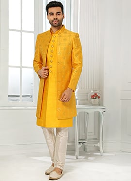 Yellow Art silk Foil Print Classic Sherwani