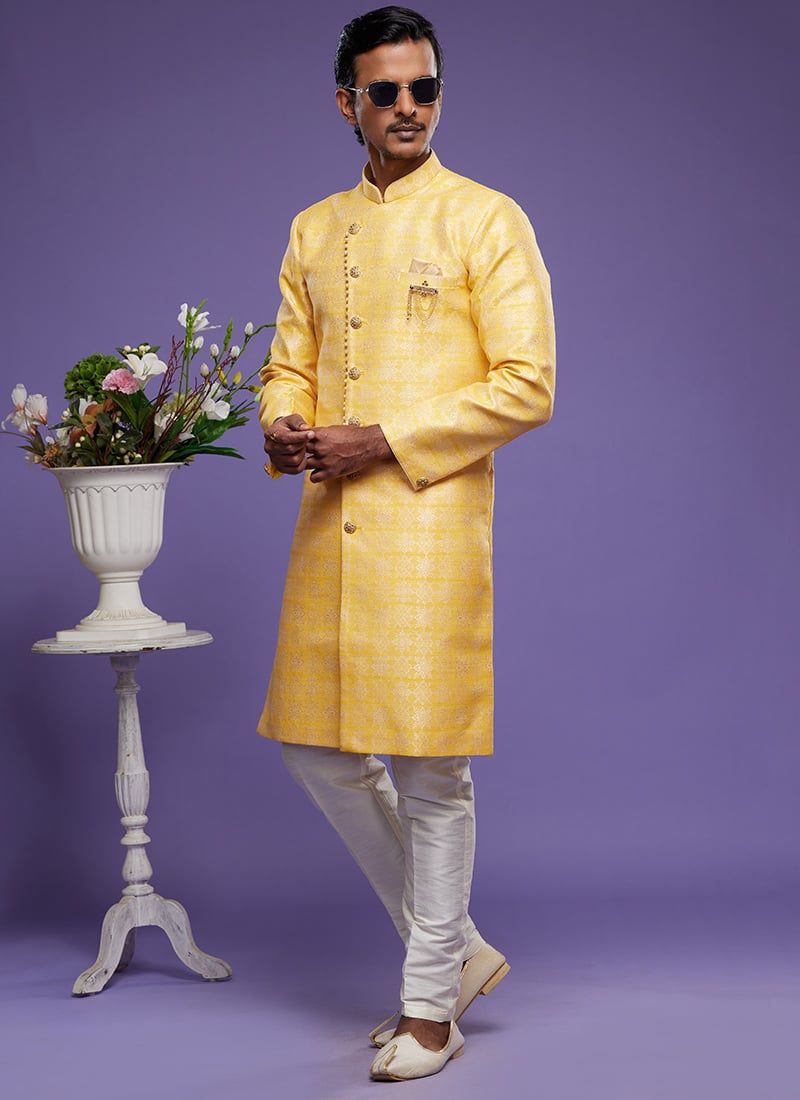 Yellow Art Silk Jacquard Indowestern Sherwani Party Wear