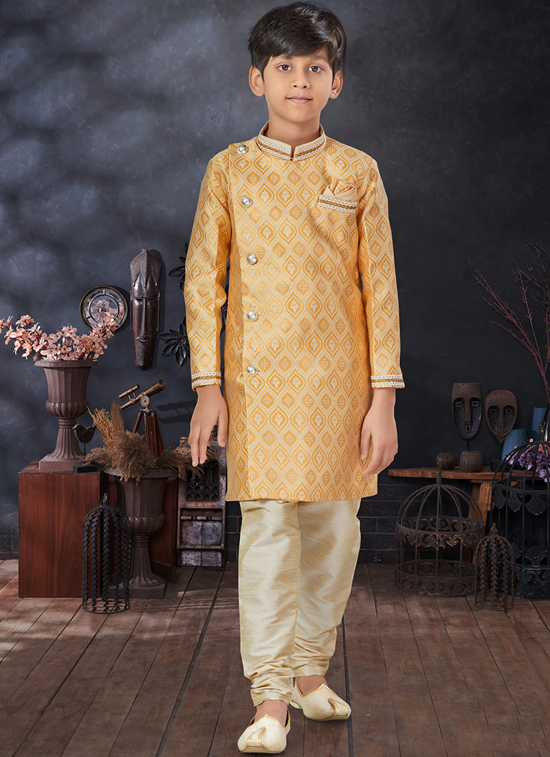 Yellow Art Silk Jacquard Kids Boys Indowestern Sherwani Party Wear