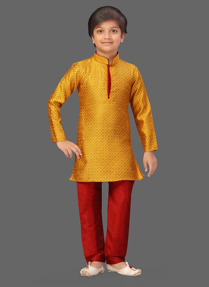 Yellow Art Silk Jacquard kurta Pyjama Festive Wear