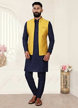 Yellow Art Silk Jacquard Nehru Jacket