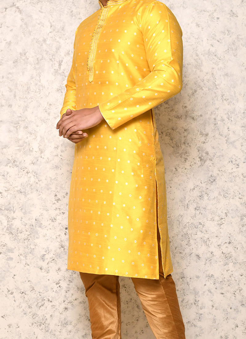 Men Yellow & White Floral Printed  Kurta With Pyjama