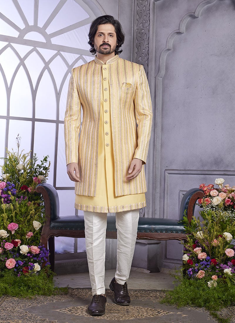 Yellow Art Silk Thread Embroidered Sequins Jacket Style Indowestern Sherwani  Wedding Wear
