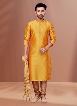 Yellow Banarasi Dupion Silk Solid Stitch Kurta Pyjama