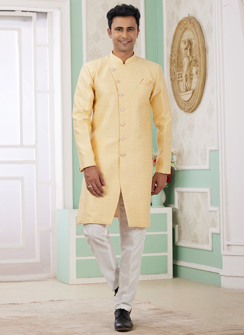 Yellow Banarasi Jacquard Indowestern Sherwani Festive Wear