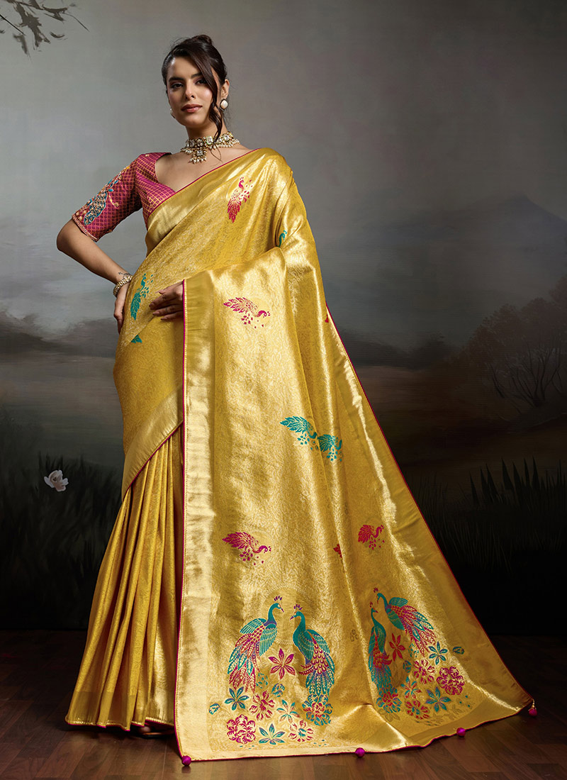 Yellow Banarasi Jacquard Zari Woven saree Festive Wear