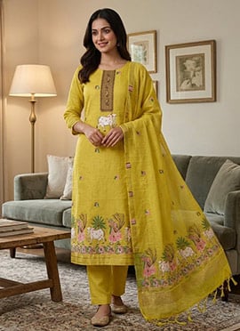 Yellow Banarasi Jamdani Pichwai Weaving Straight Pant Suit