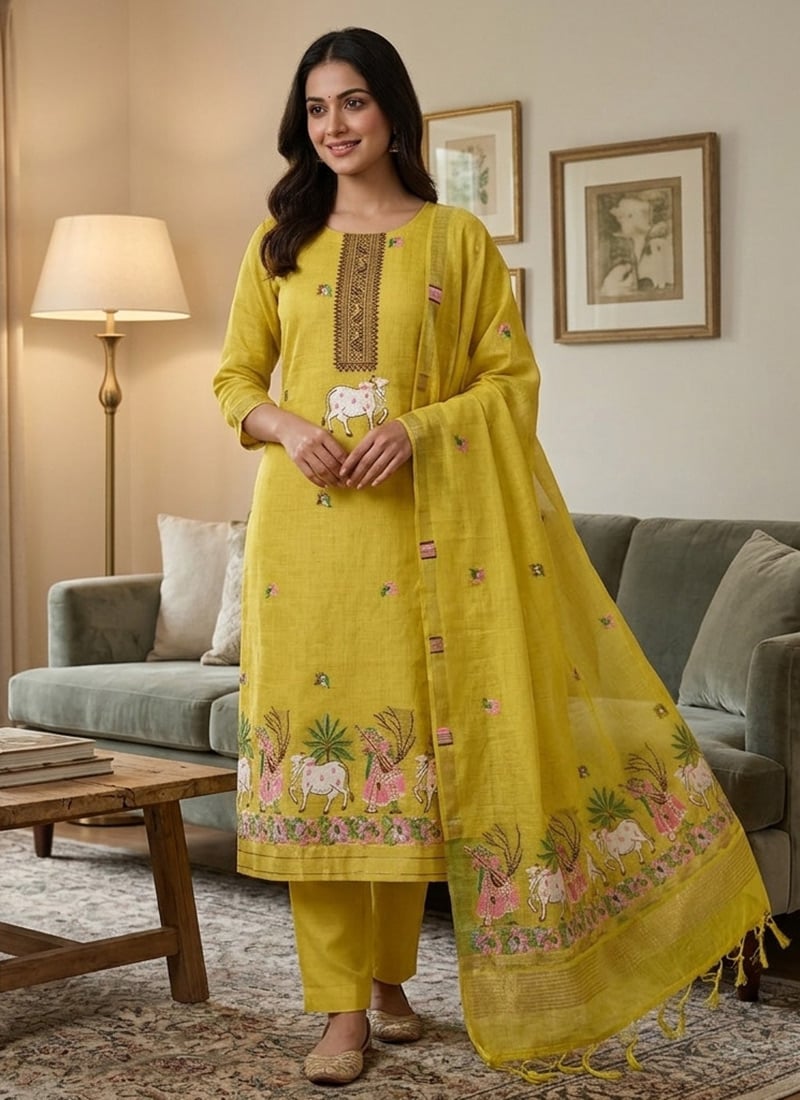 Yellow Banarasi Jamdani Pichwai Weaving Straight Pant Suit Leisure Wear