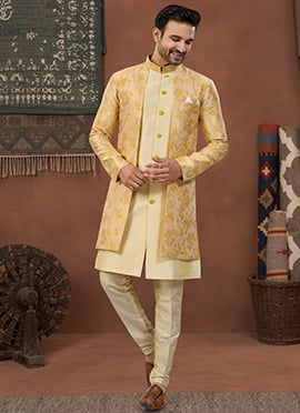 Yellow Banarasi Silk Digital Print Zari Jacquard Indowestern Sherwani