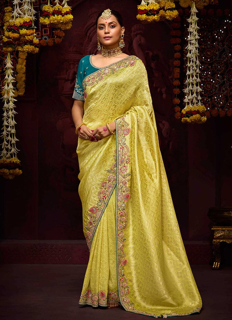 Yellow Banarasi Silk Embroidered And Sequins Beads Thread Work Saree Wedding Wear