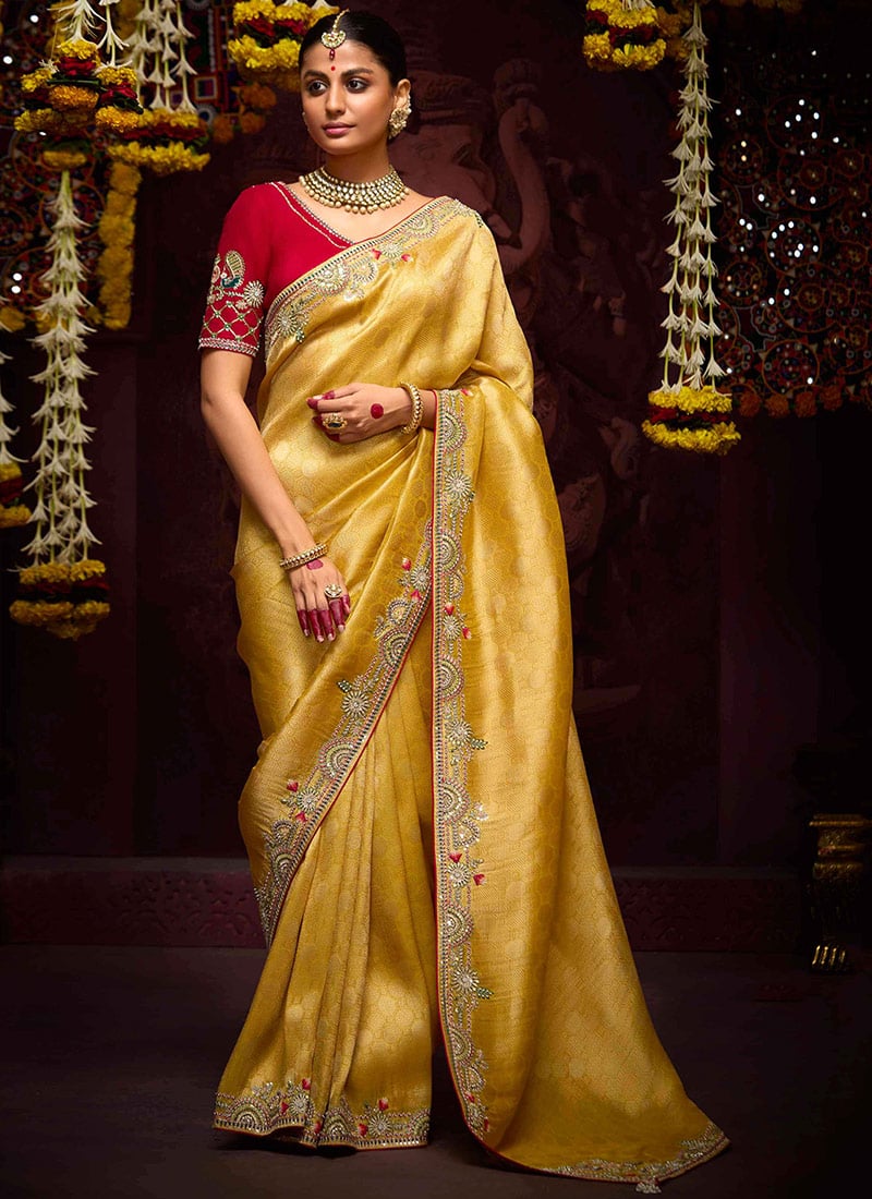 Yellow Banarasi Silk Embroidered And Sequins Beads Thread Work Saree Wedding Wear