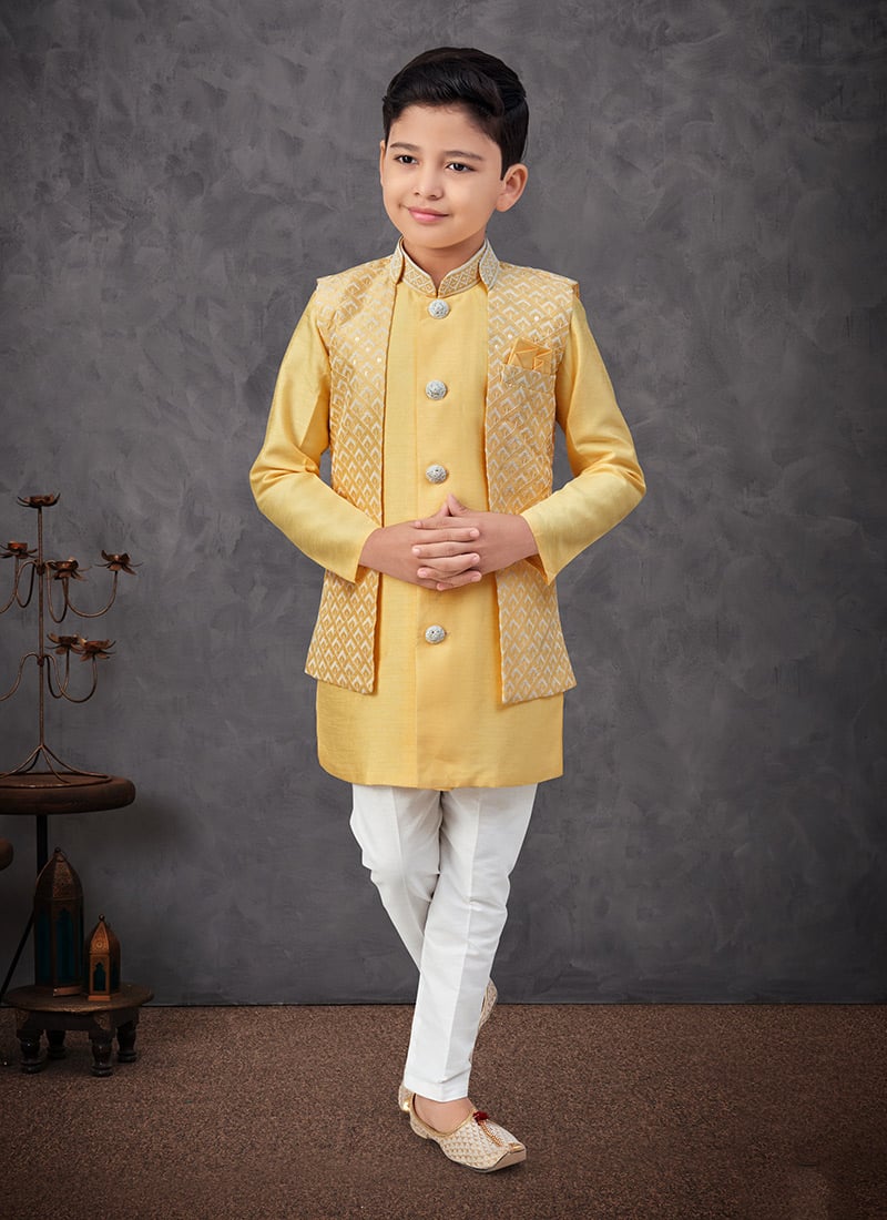 Yellow Banarasi Silk Embroidered Sequins Boys Indowestern Sherwani Wedding Wear