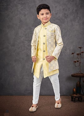 Yellow Banarasi Silk Embroidered Sequins Boys Indowestern Sherwani
