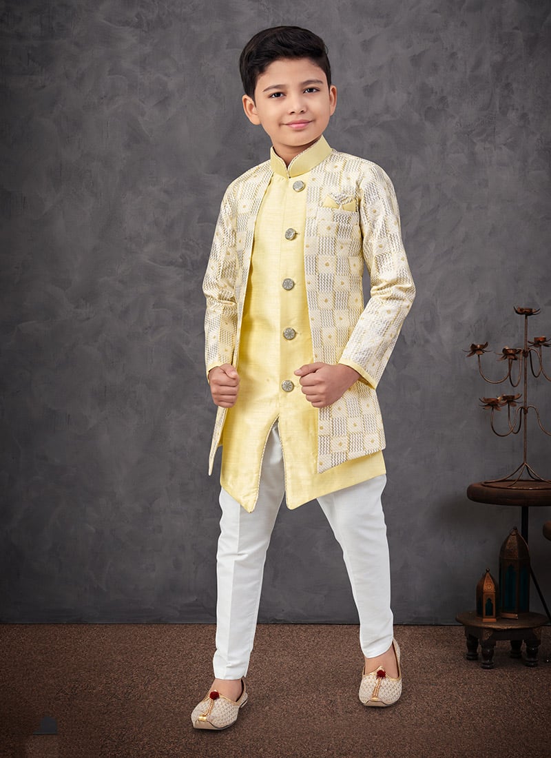 Yellow Banarasi Silk Embroidered Sequins Boys Indowestern Sherwani