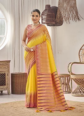 Yellow Banarasi Silk Ikkat Print Saree