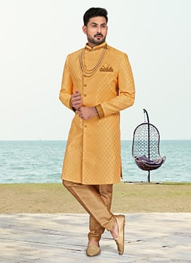 Yellow Banarasi Silk Jacquard Indowestern Sherwani