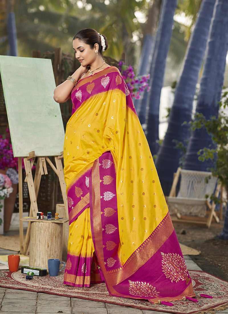 Yellow Banarasi Silk Jacquard Woven Saree