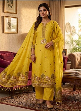 Yellow Banarasi Silk Jamdani Pichwai Weaving Straight Pant Suit