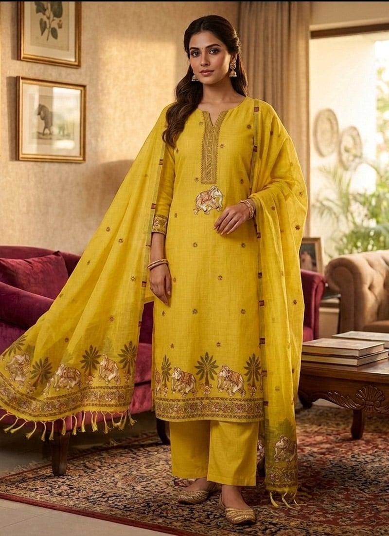 Yellow Banarasi Silk Jamdani Pichwai Weaving Straight Pant Suit Leisure Wear