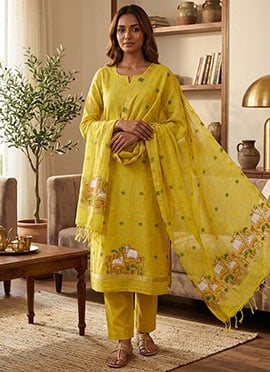 Yellow Banarasi Silk Pichwai Weaving Straight Pant Suit