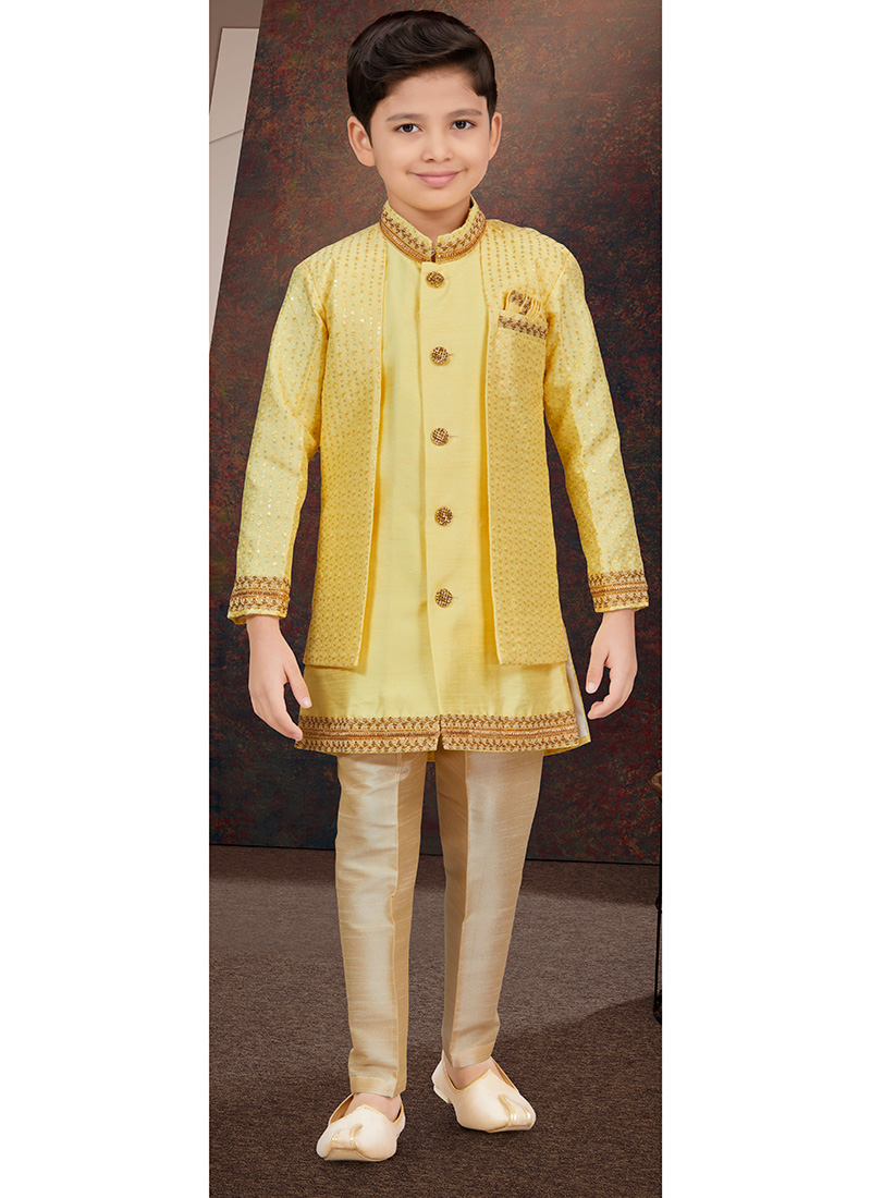 Yellow Banarasi Silk Thread Sequins Kids Boys Indowestern Sherwani