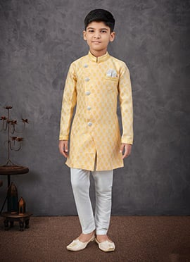 Yellow Banarasi Silk With Zari Work Jacquard Embroidered Sequins Boys Indowestern Sherwani