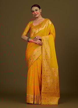 Yellow Banarasi Silk Zari Brocade Woven Saree
