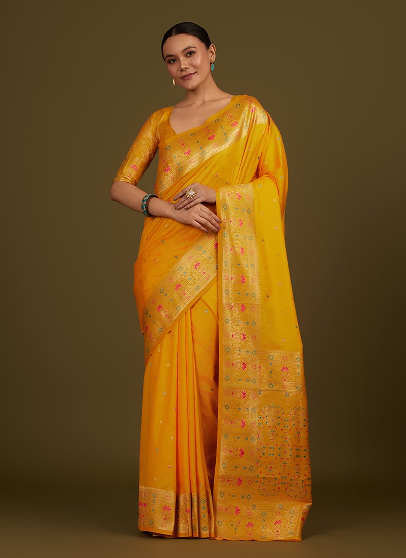 Yellow Banarasi Silk Zari Brocade Woven Saree