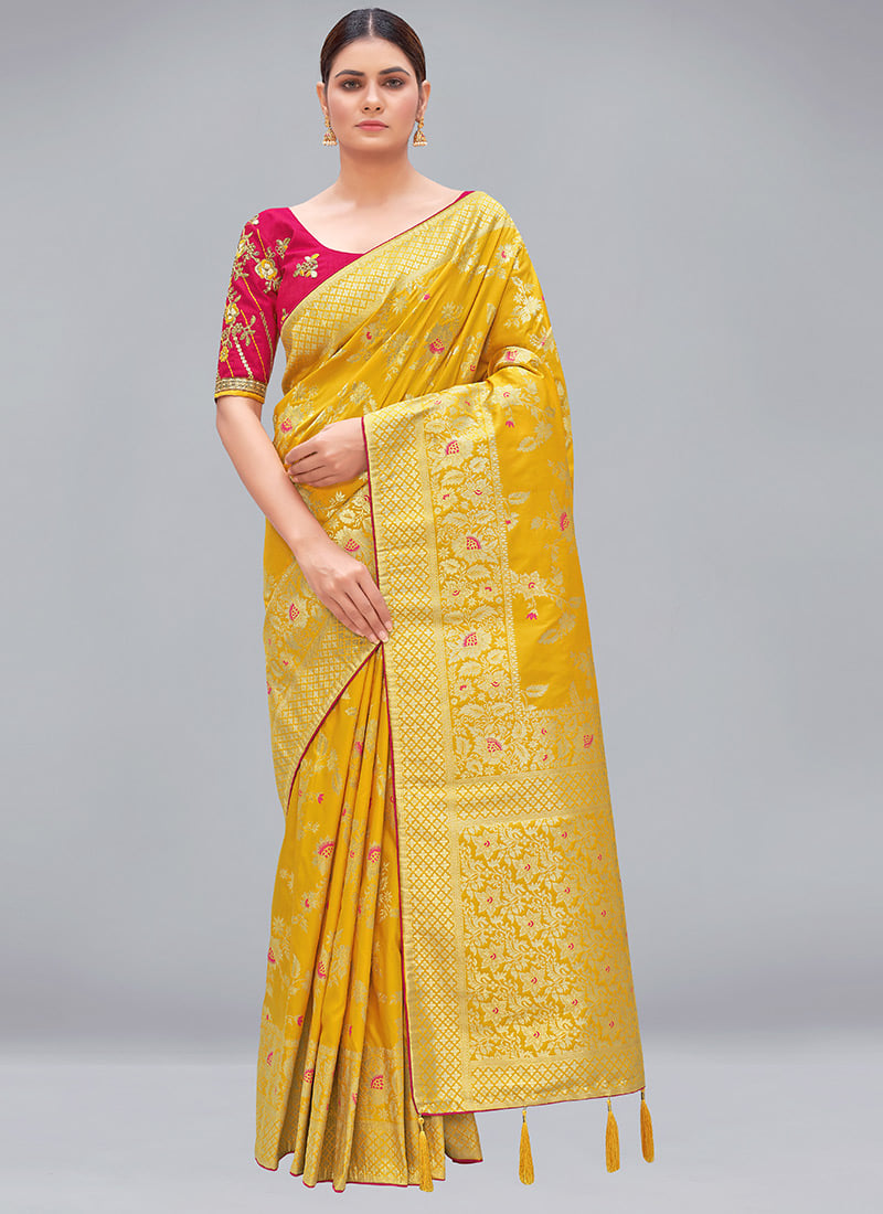 Yellow Banarasi Silk Zari Embroidered Sequins Saree Festive Wear