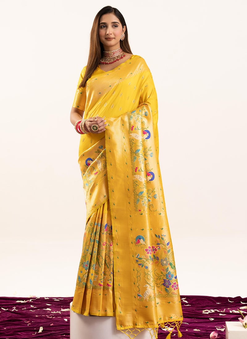 Yellow Banarasi Silk Zari Jacquard Meenakari Woven Saree Festive Wear
