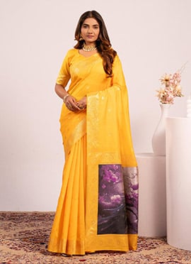 Yellow Banarasi Silk Zari Resham Woven Saree