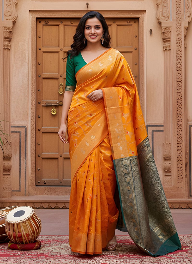 Yellow Banarasi Silk Zari Saree Festive Wear