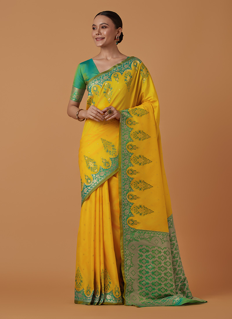 Yellow Banarasi Silk Zari Woven Saree