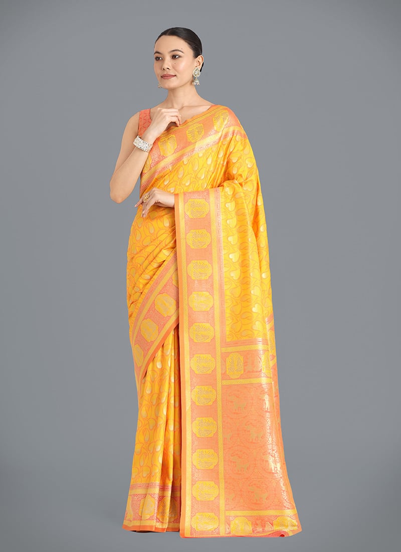 Yellow Banarasi Silk Zari Woven Saree Festive Wear
