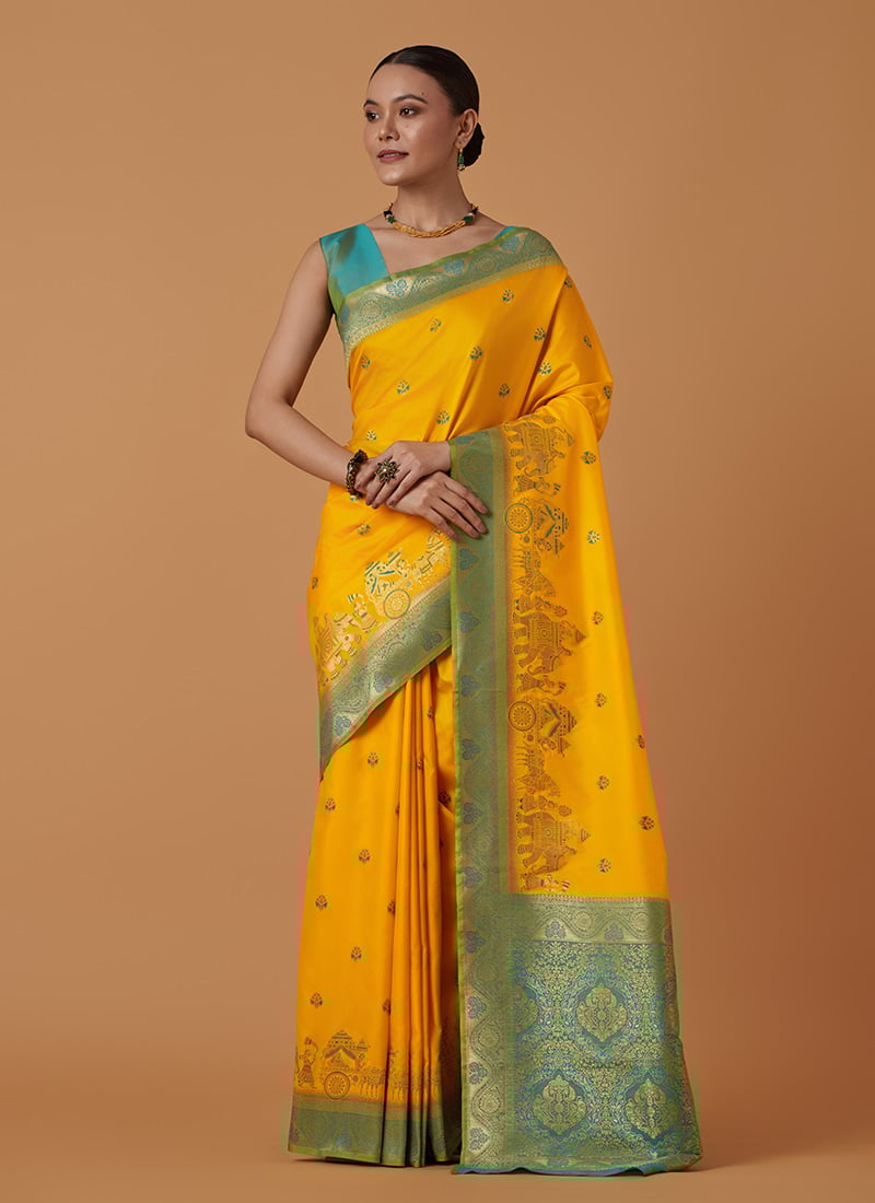Yellow Banarasi Silk Zari Woven Saree Festive Wear
