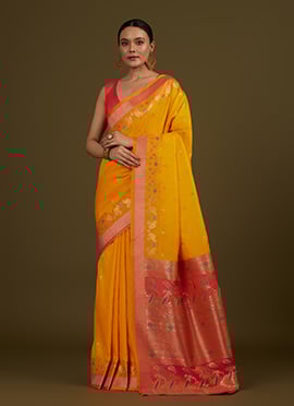 Yellow Banarasi Silk Zari Woven Saree