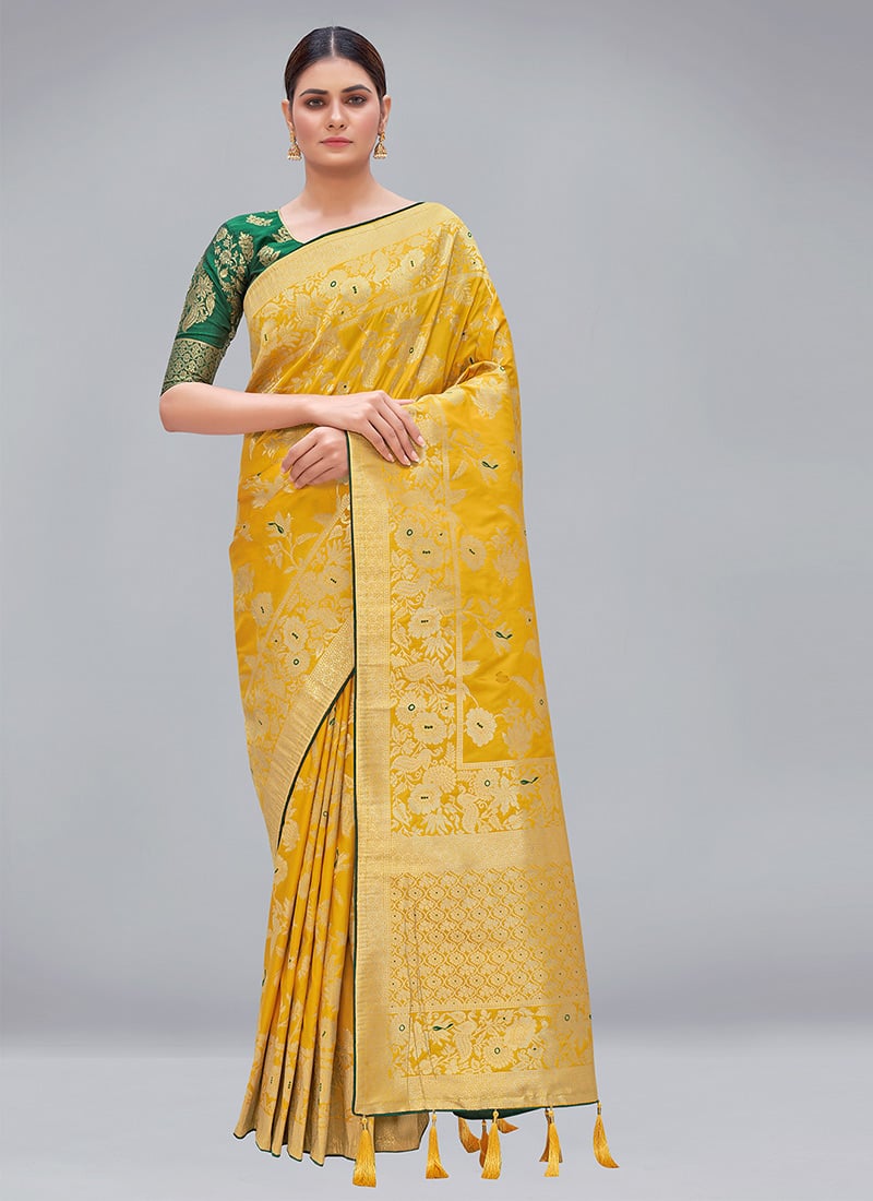 Yellow Banarasi Silk Zari Woven Saree