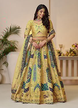 Yellow Banarasi Silk Zari Zarkan Embroidered Sequins With Stone Work Lehenga