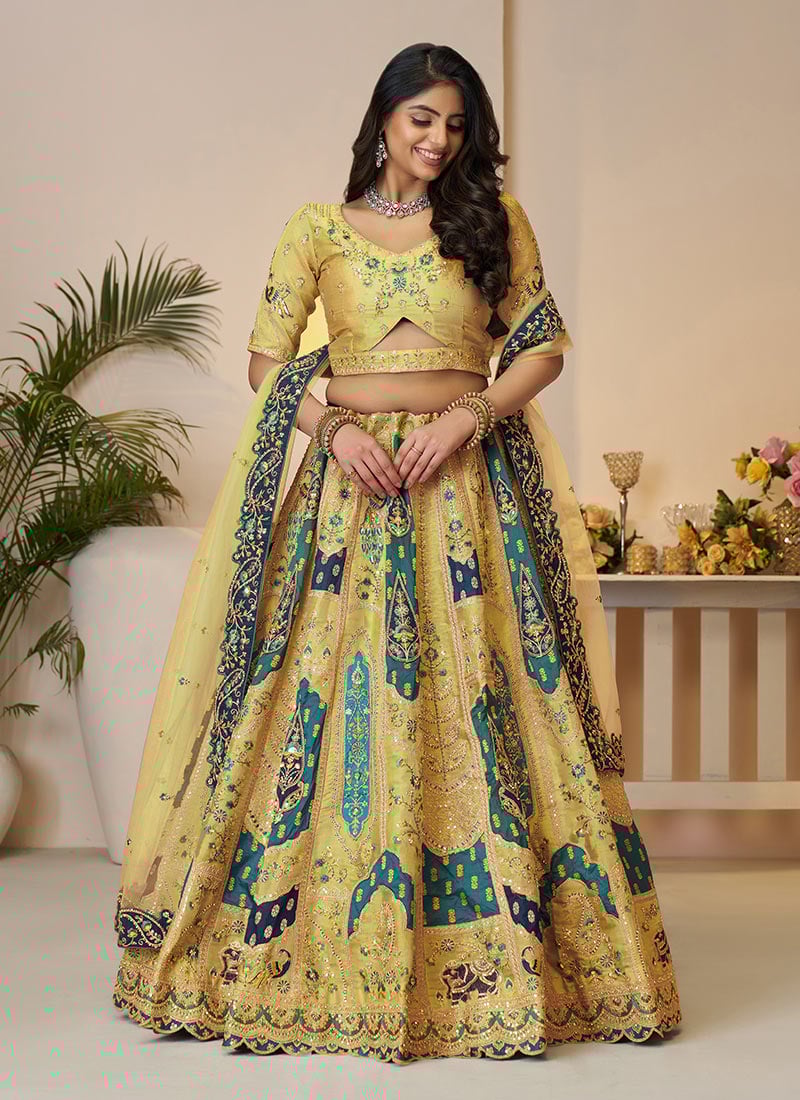 Yellow Banarasi Silk Zari Zarkan Embroidered Sequins With Stone Work Lehenga Wedding Wear