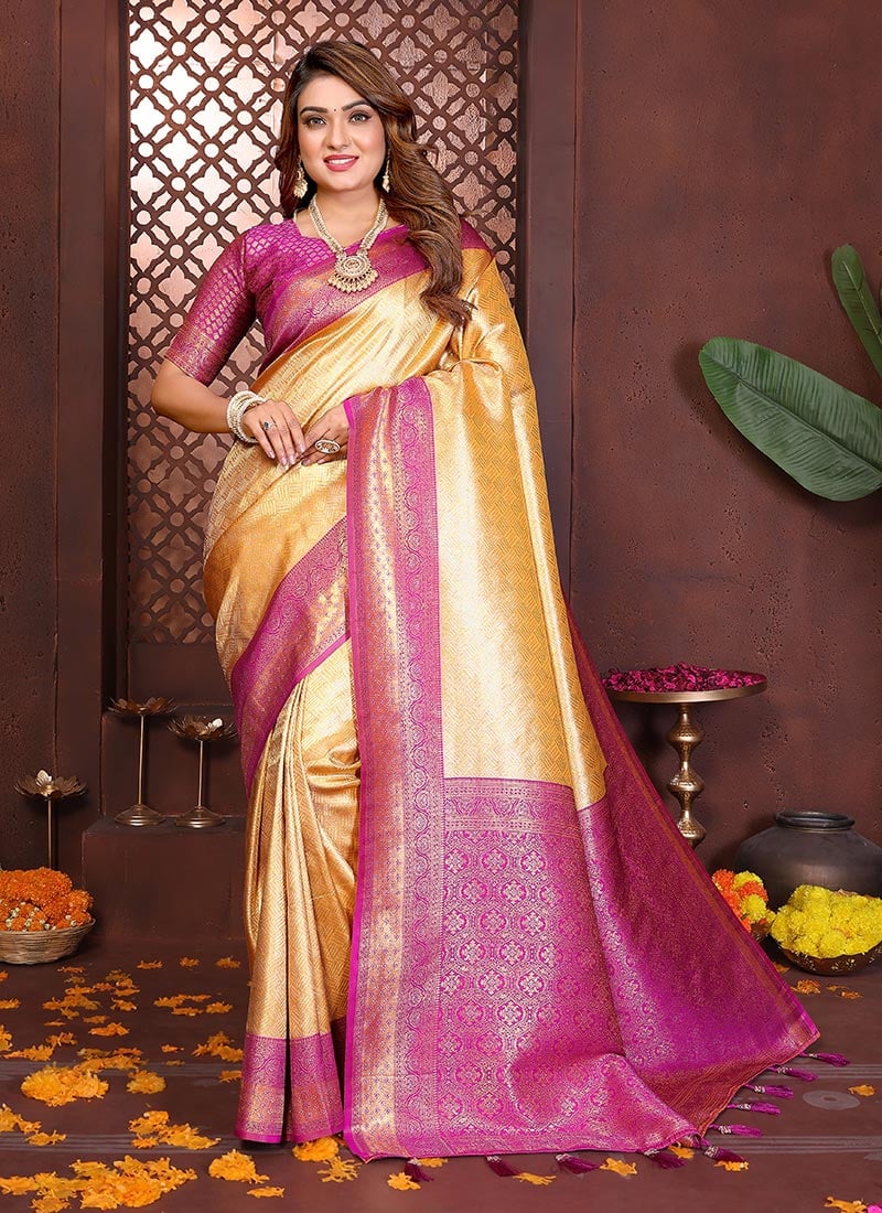 Yellow Banarasi Tissue Silk Jacquard Zari Woven Saree Festive Wear