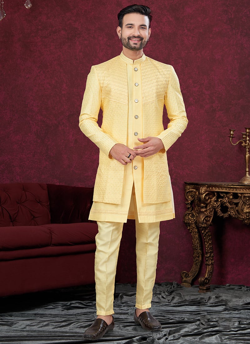 Yellow Bangalore Silk Embroidered Sequins Indowestern Sherwani