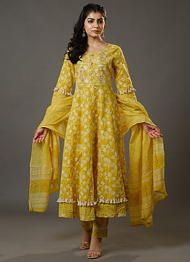Yellow Batik Print Embroidered Cotton Straight Pant Suit